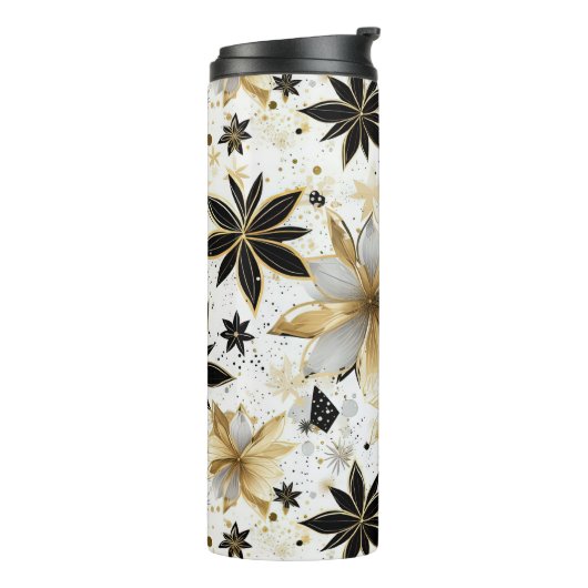 Bold Black and Gold Abstract Floral Thermosbeker (Gedraaid links)