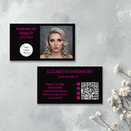 Bold Black and Hot Pink Social Icon QR Code Visitekaartje