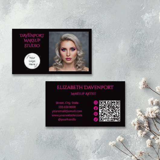 Bold Black and Hot Pink Social Icon QR Code Visitekaartje