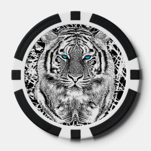 Bold Black And White Blue Eyes Tiger Poker Chips