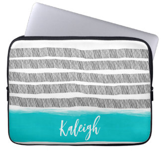 bold black and white with turquoise pattern design laptop sleeve