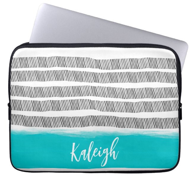 bold black and white with turquoise pattern design laptop sleeve (Voorkant)