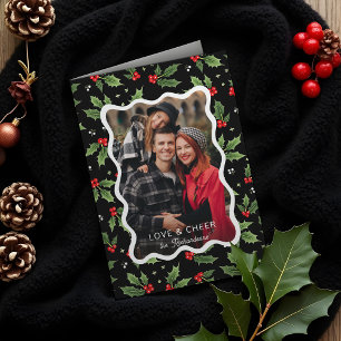 Bold Black Christmas Holly Wavy Lijst Foto Feestdagen Kaart