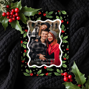 Bold Black Christmas Holly Wavy Lijst Foto Feestdagenkaart