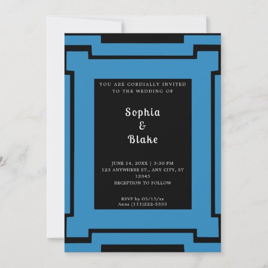 Bold Black en Blue Art Deco Wedding Kaart (Voorkant)