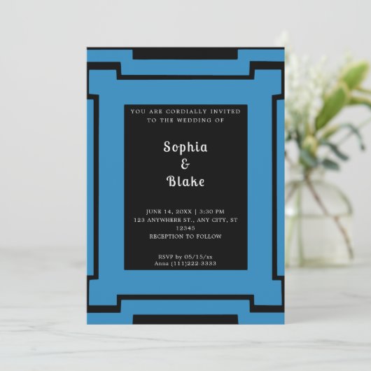 Bold Black en Blue Art Deco Wedding Kaart (Staand voorkant)