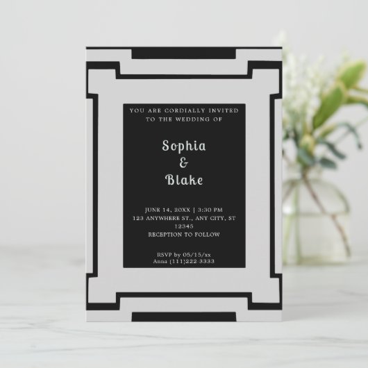 Bold Black en Silver Art Deco Wedding Kaart (Staand voorkant)