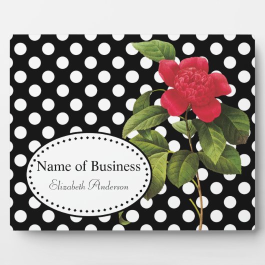 Bold Black en White Polka Dots Camellia Business Fotoplaat (Voorkant)