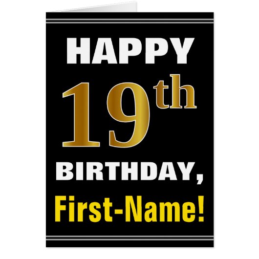 Bold, Black, Faux Gold 19th Birthday w/Name Card (Voorkant)