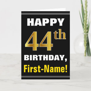 Bold, Black, Faux Gold 44th Birthday w/ Name Card Kaart