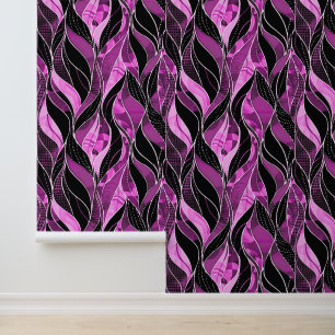 Bold Black Pink Purple Botanical Leaf Pattern Behang