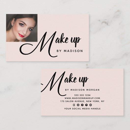 Bold Black Script Blush Pink Photo Makeup Business Visitekaartje