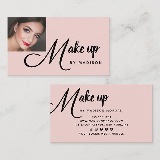 Bold Black Script Blush Pink Photo Makeup Business Visitekaartje