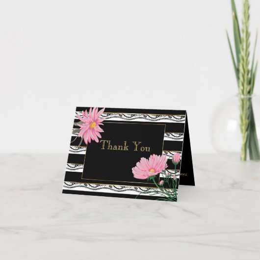 Bold Black Stripes Roze Daisies Bedankt (Voorkant)