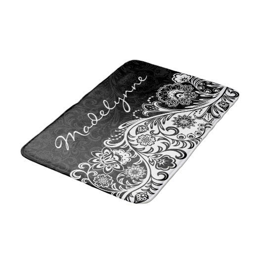 Bold Black White Floral Design Bath Mat (Gekanteld)