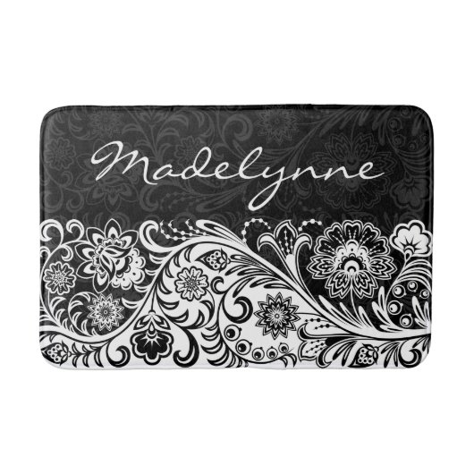 Bold Black White Floral Design Bath Mat (Voorkant)
