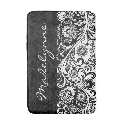 Bold Black White Floral Design Bath Mat (Voorkant Verticaal)
