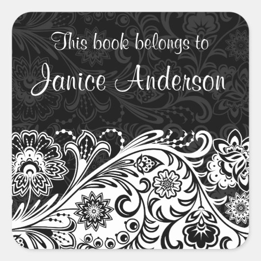 Bold Black White Floral Design Bookplate Sticker (Voorkant)