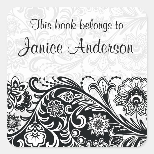 Bold Black White Floral Design Bookplate Sticker (Voorkant)