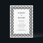 Bold Black White Geometric Retro Modern Wedding Kaart<br><div class="desc">This wedding invitation features a bold geometric border in classic black and white with a clean modern layout for the event details. The repeating tile pattern creates a striking graphic frame that feels both contemporary and timeless. Perfect for modern weddings, gallery venues, city celebrations, and minimalist ceremonies. A sophisticated choice...</div>