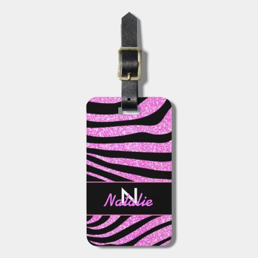 BOLD BLACK ZEBRA STRIPES NAME BLAUWGROEN GLITTER BAGAGELABEL (Voorkant verticaal)