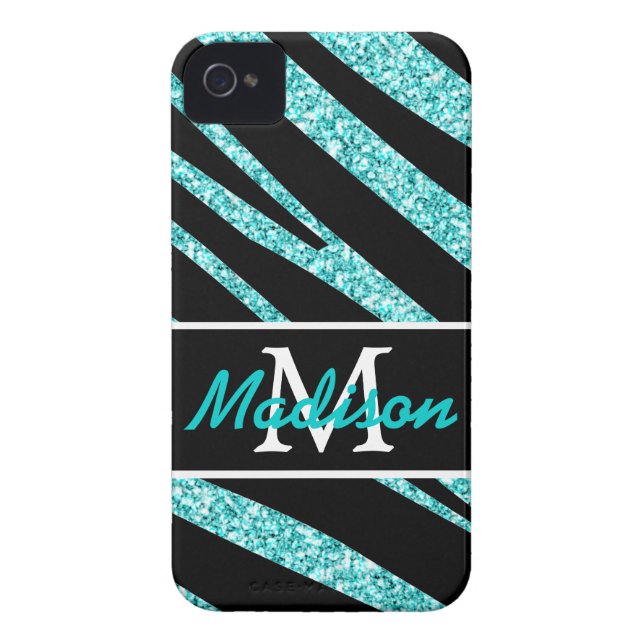 BOLD BLACK ZEBRA STRIPES NAME BLAUWGROEN GLITTER Case-Mate iPhone CASE (Achterkant)