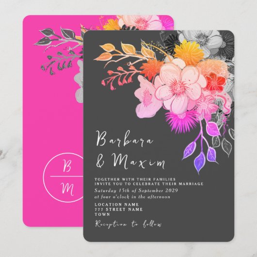 Bold Bloemen Roze & Zwart Huwelijksuitnodiging Kaart (Voorkant / Achterkant)