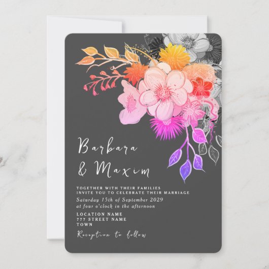 Bold Bloemen Roze & Zwart Huwelijksuitnodiging Kaart (Voorkant)