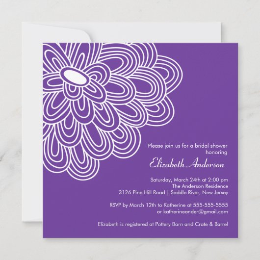 Bold Bloom Paars en White Bridal Shower Invitation Kaart (Voorkant)