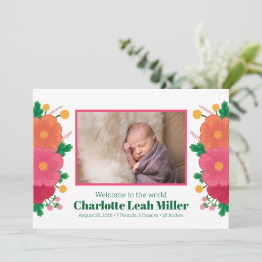 Bold Blooms Geboorteaankondiging Aankondiging (Staand voorkant)