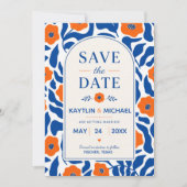 Bold Blue and Orange Floral Modern Botanical Save The Date (Voorkant)