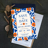 Bold Blue and Orange Floral Modern Botanical Save The Date