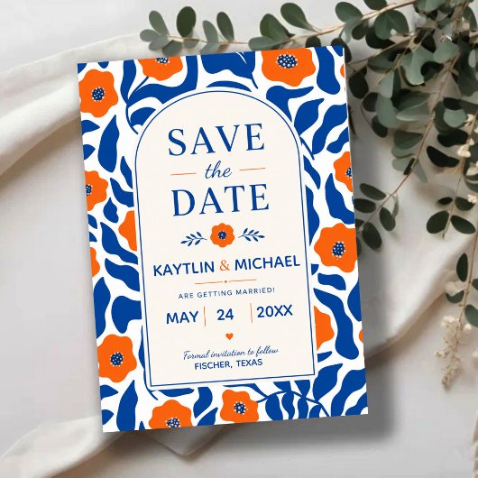 Bold Blue and Orange Floral Modern Botanical Save The Date