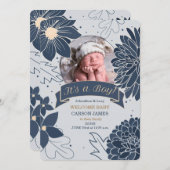 Bold Blue Botanical Het is een Jongen Aankondiging (Voorkant / Achterkant)