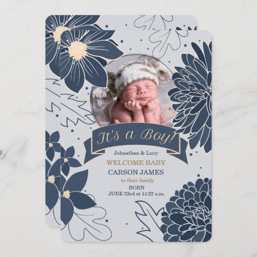 Bold Blue Botanical Het is een Jongen Aankondiging (Voorkant / Achterkant)