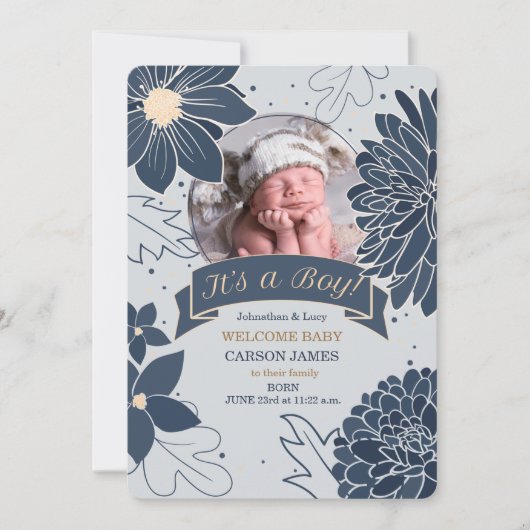 Bold Blue Botanical Het is een Jongen Aankondiging (Voorkant)