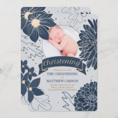Bold Blue Botanicals met Foto Christening Kaart (Voorkant / Achterkant)