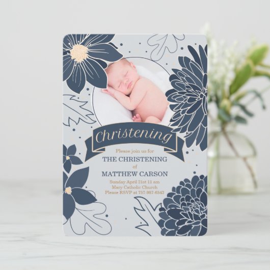 Bold Blue Botanicals met Foto Christening Kaart (Staand voorkant)