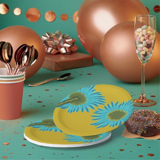 Bold Blue Daisy Art op mosterdgele achtergrond Papieren Bordje