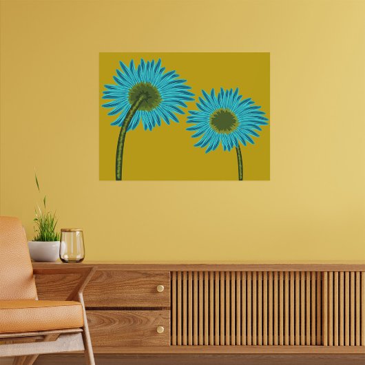 Bold Blue Daisy Art op mosterdgele achtergrond Poster