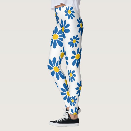 Bold Blue Daisy Floral Print Leggings (Links)