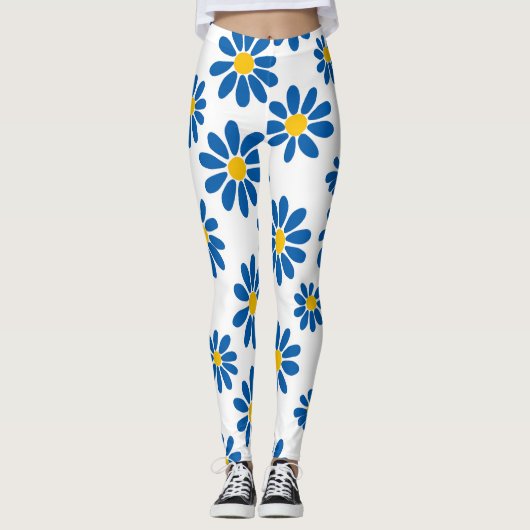 Bold Blue Daisy Floral Print Leggings (Voorkant)