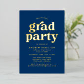 Bold Blue en Gold Photo Graduparty Folie Uitnodiging (Staand Voorkant)