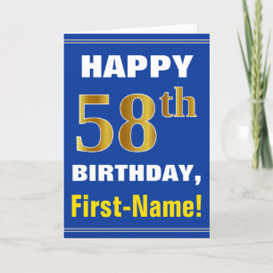 Bold, Blue, Faux Gold 58th Birthday w/ Name Card Kaart