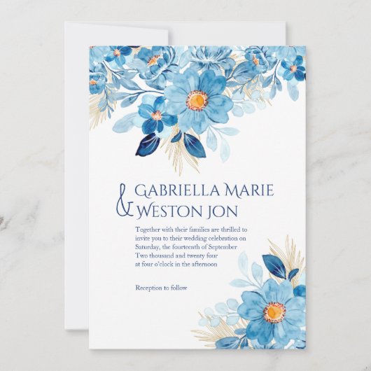 Bold Blue Floral thema bruiloft uitnodiging (Voorkant)