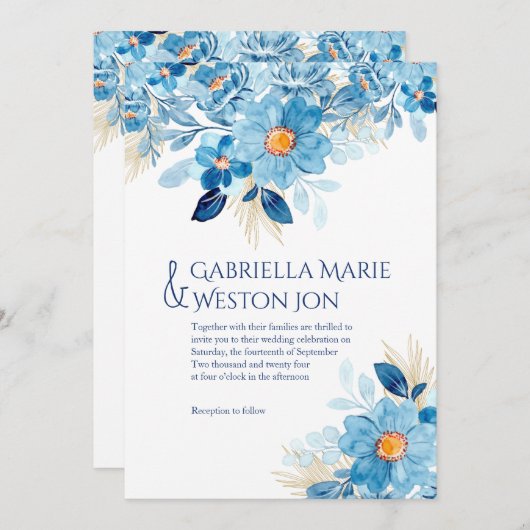 Bold Blue Floral thema bruiloft uitnodiging (Voorkant / Achterkant)