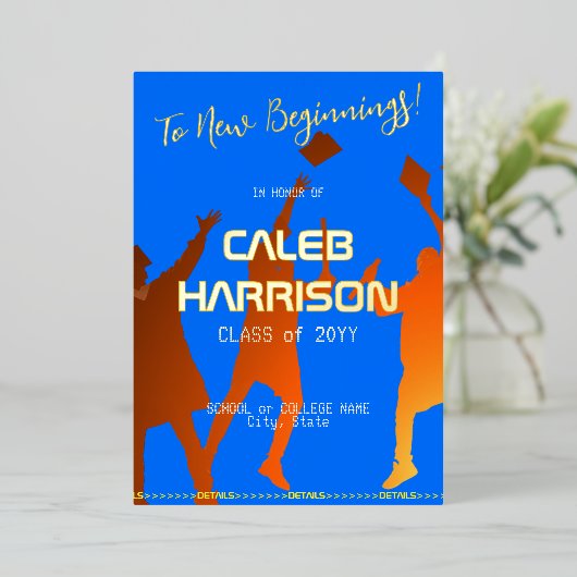 Bold Blue Modern Tech Afstuderen Folie Uitnodiging (Staand Voorkant)