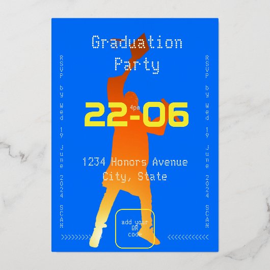 Bold Blue Modern Tech Afstuderen Folie Uitnodiging (Achterkant)