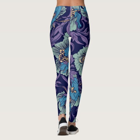 Bold Blue & Teal Botanical Print Floral Pattern  Leggings (Achterkant)