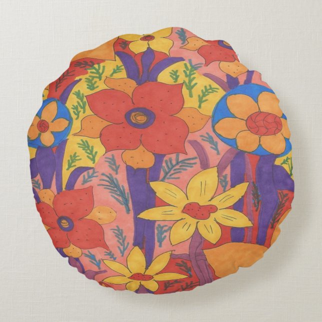 Bold Bohemen Oranje Garden Print Rond Kussen (Achterkant)